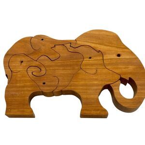 Elephant Animal Puzzle Handmade Brown Wooden Jigsaw For Academia Desk Office